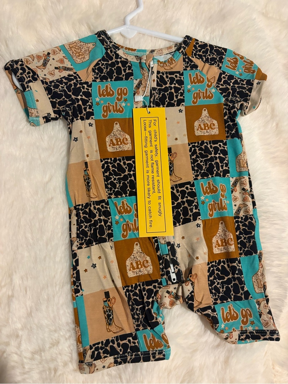 Baby Bamboo Short Sleeve One-Piece Romper in Teal & Tan Patchwork
